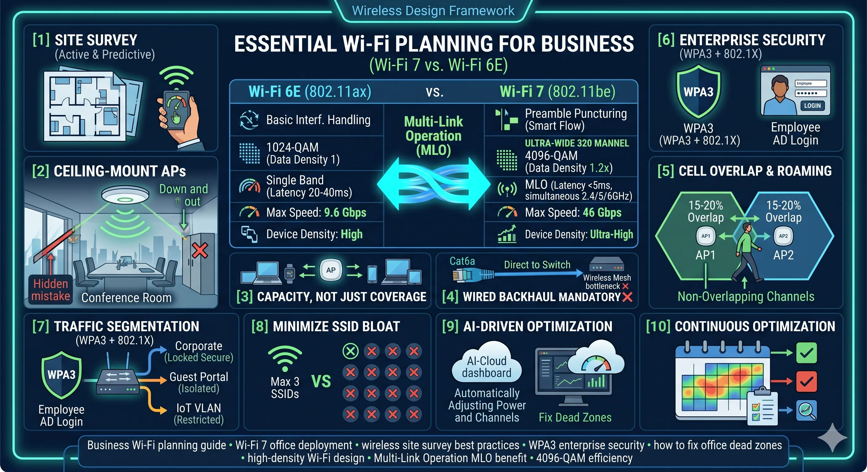 Wi-Fi 7 deployment with PoE+ switches, WPA3 enterprise authentication, and isolated IoT VLAN